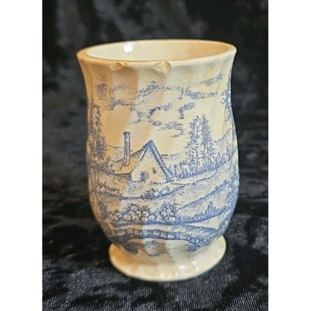 Vintage Rossini Country French Blue Ceramic Tumbler Japan Chipped/Cracked